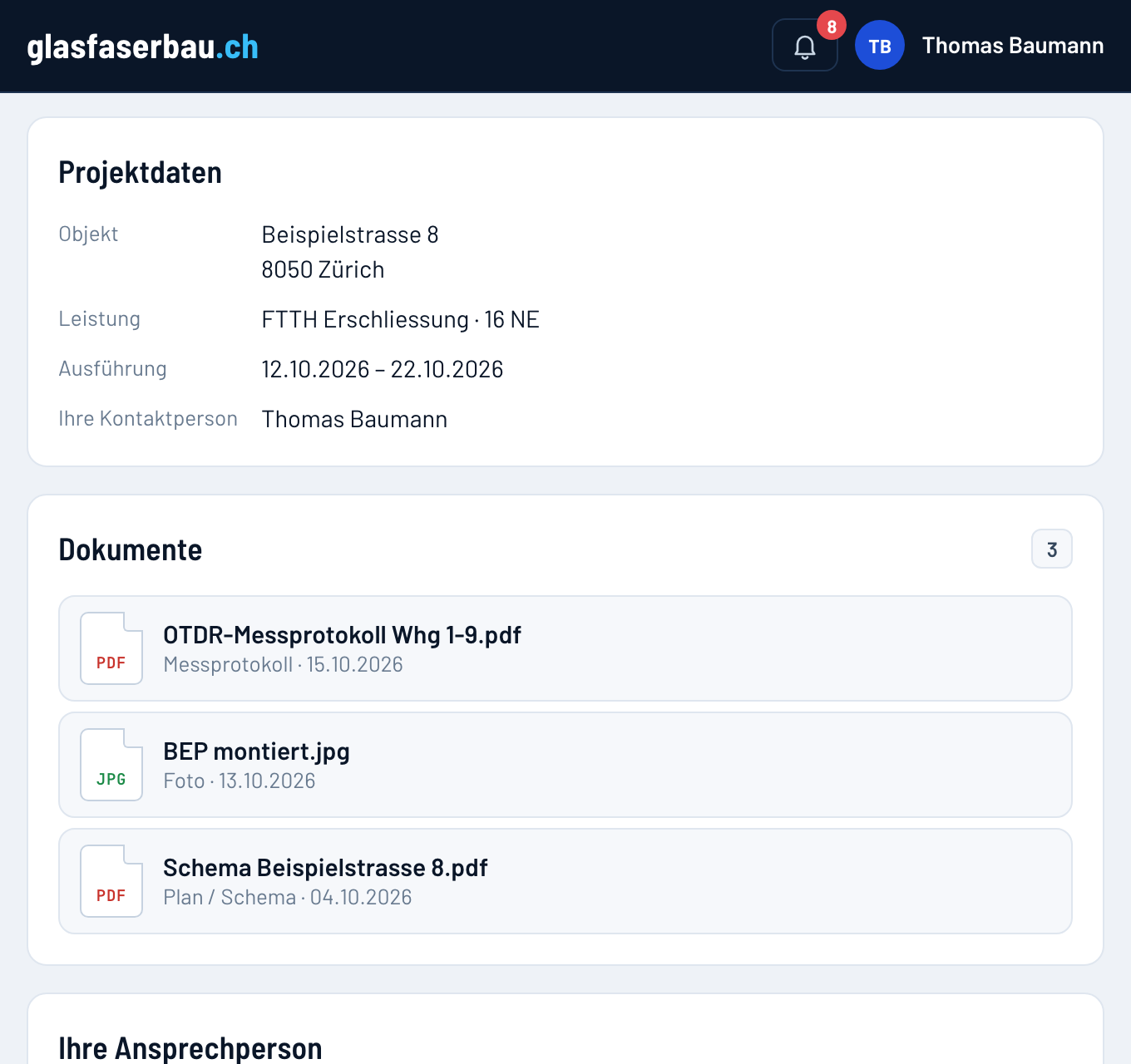 Kundenportal: Verlauf des Projekts, Messprotokoll, Schema und Fotos als Dokumente, Ansprechperson