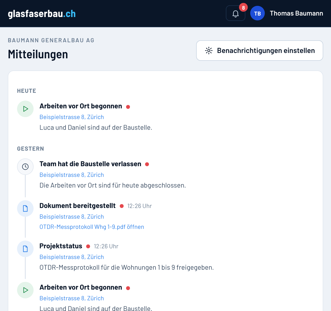 Kundenportal: Mitteilungen zu Baustellenstart, Dokumenten und Projektstatus