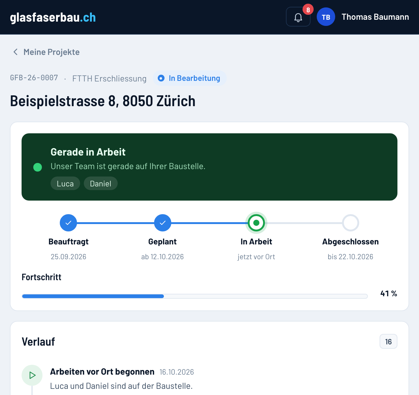 Kundenportal: Projekt mit Phasen Beauftragt, Geplant, In Arbeit, Abgeschlossen, Live-Status und Karte